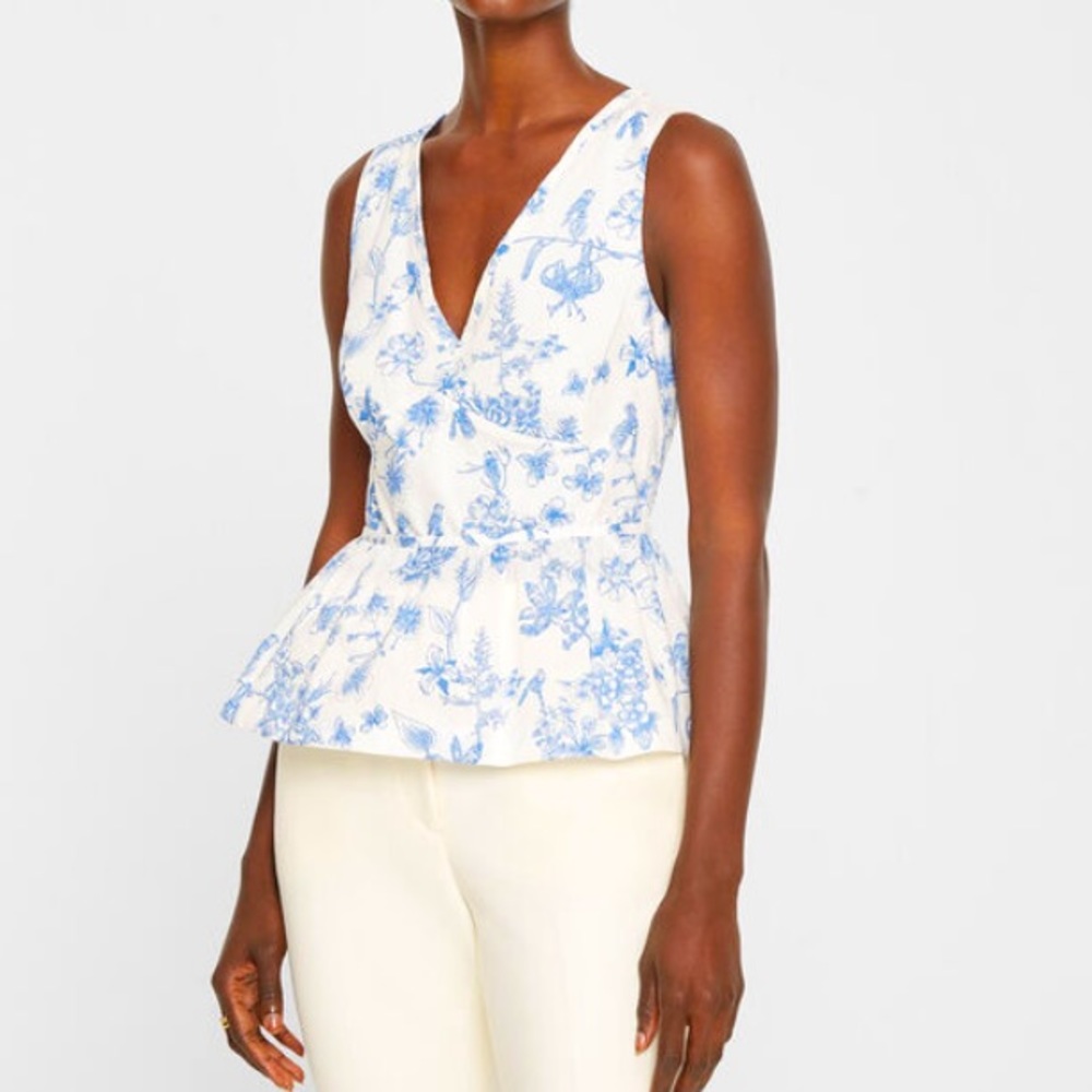 Club Monaco White & Blue Floral V-Neck Peplum Camisole